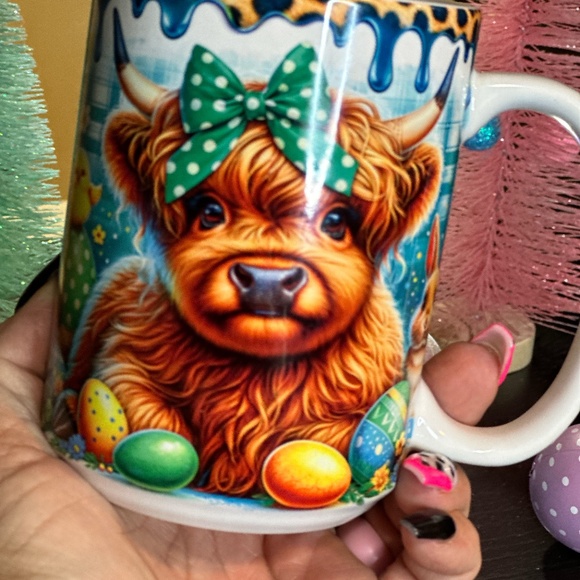 Hand Crafted Easter Highland Cow-Green Sublimated 15oz Mug - Picture 4 of 6